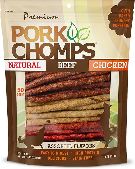 Pork Chomps Dog Chews, 5-inch Munchy Sticks, Assorted Flavors, 50 Count (Pack of 1) - PAWPICO