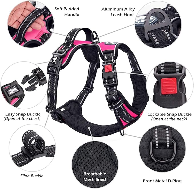 PoyPet No Pull Dog Harness, No Choke Front Clip Dog Reflective Harness, Adjustable Soft Padded Pet Vest with Easy Control Handle for Small to Large Dogs(Pink,M) PoyPet