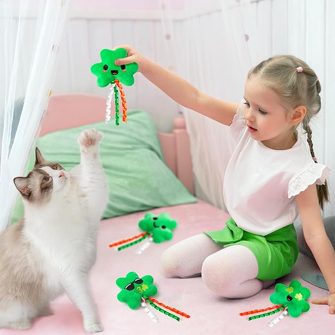 MALLMALL6 4Pcs Shamrocks Catnip Toys Gift for Cat, Indoor Cat Bite Kick Plush Catmint Pet Toys Supplies for Kitten Lover Gifts, Cute Teething Chew Relief Interactive Toy - PAWPICO