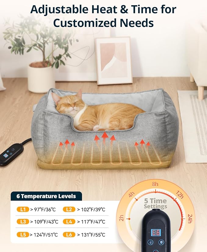 Heated Cat Bed Indoor, Heated Pet Bed with Adjustable Temperature & Timer, Pet Heating Pad for Kittens, Puppies, Dogs, Cats in Winter, UL & FCC Certified - PAWPICO