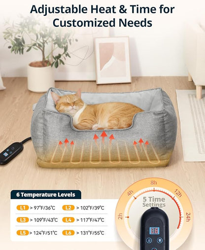 Heated Cat Bed Indoor, Heated Pet Bed with Adjustable Temperature & Timer, Pet Heating Pad for Kittens, Puppies, Dogs, Cats in Winter, UL & FCC Certified - PAWPICO
