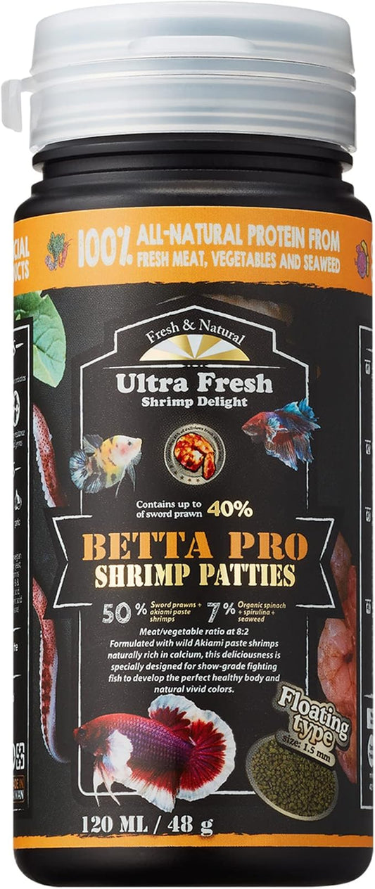 Ultra Fresh Betta Fish Food, Betta Pro Shrimp Patties, 50% Sword Prawns + Akiami Paste Shrimps, All Natural Protein, Rich in Calcium, for Betta's Healthy Development and Cleaner Water, 1.87 oz UltraFresh-ShrimpDelight