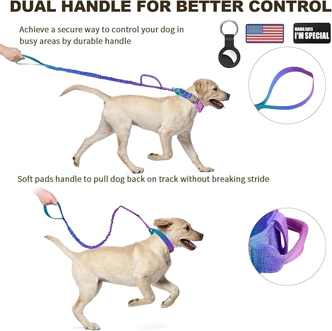 Tactical Dog Collar and Bungee Leash,Military Dog Collar & Leash Set with USA American Flag Adjustable K9 Collar with Heavy Duty Metal Buckle & Handle,with Patches and Airtags Case (Gradient, L) Celifelight