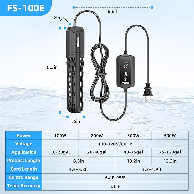 FREESEA Aquarium Heater for Fish Tank: 100W/200W/300W/500W Submersible Fish Tank Heaters with Over-Temperature and Off-Water Protection for 10-20 Gallon Saltwater and Freshwater FREESEA