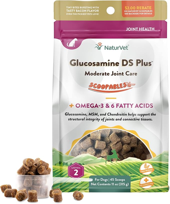 NaturVet Scoopables Dog Joint Supplement - Glucosamine DS Plus Level 2 Moderate Hip & Joint Care for Dogs w/Chondroitin & MSM - Hickory Smoked Bacon Flavored Pet Health Supplements | 11oz Bag NaturVet