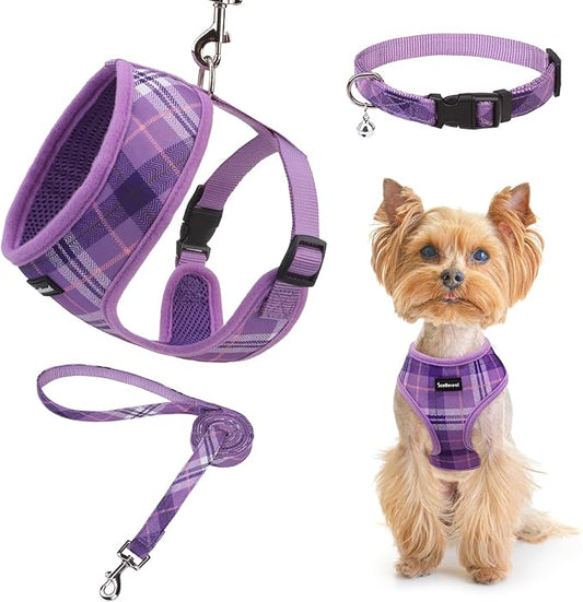 SCENEREAL No Pull Dog Harness Collar and Leash Set Small Medium Sized Dog, Soft Mesh Step in Puppy Harnesses, No Chock Plaid Adjustible Pet Vest for Outdoor Walking Training and Running, Purple XS SCENEREAL