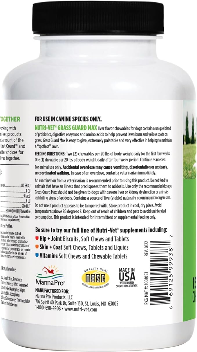 Nutri-Vet Grass Guard Chewables for Dogs - Made with Probiotics and Digestive Enzymes - Prevent Lawn Burn from Urine - 150 Count Nutri-Vet