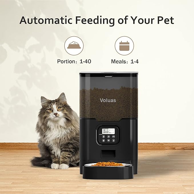 VOLUAS Cat Dry Food Dispenser with Timer, Automatic Cat Feeders with Desiccant Bag, Programmable Portion Size Control 4 Meals Per Day, 10s Voice Recorder - PAWPICO