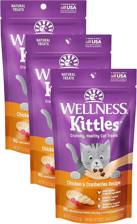 Wellness Kittles Crunchy Natural Grain Free Cat Treats, Chicken & Cranberries Recipe, All Life Stages, 2-Ounce Bag (Pack of 3) WellnessNaturalPetFood