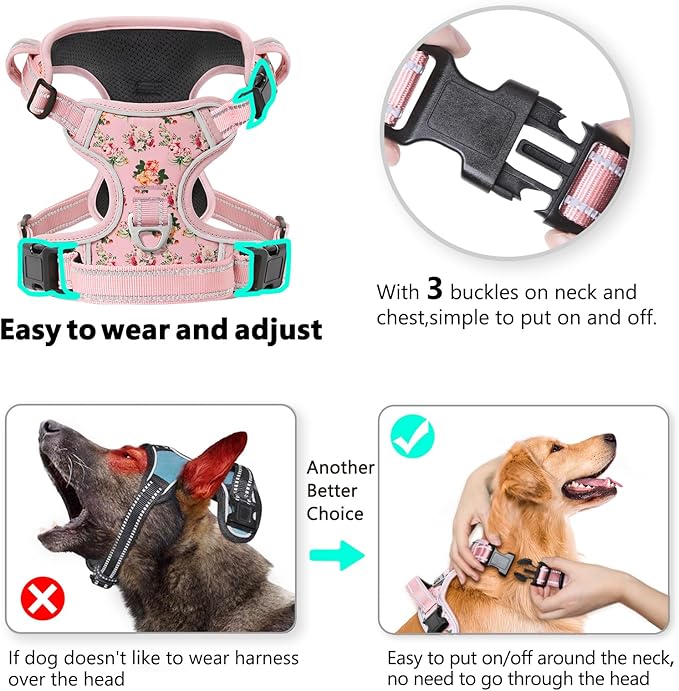 Timos Dog Harness, No-Pull Pet Harness with 2 Leash Clips, 3 Snap Buckles Adjustable Soft Padded Dog Vest, Reflective No-Choke Pet Oxford Vest with Easy Control Handle for Small Medium Large Dogs Timos