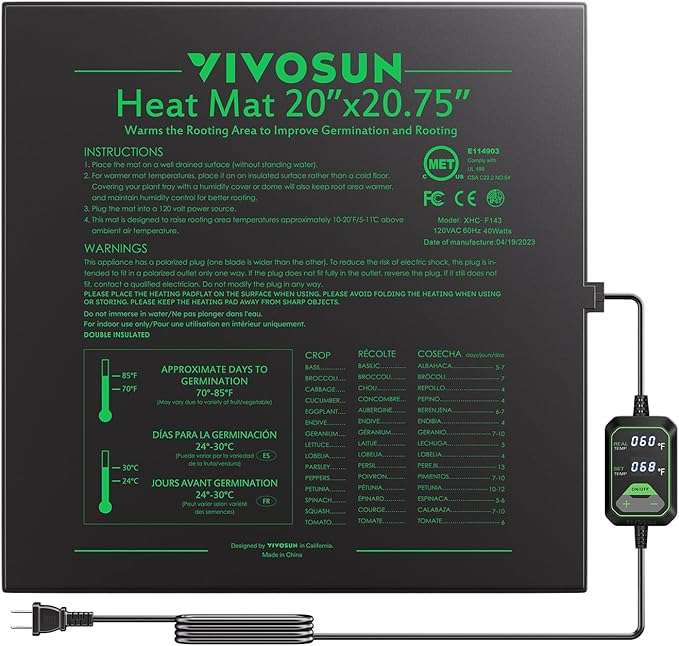 VIVOSUN 20"x20.75" Seedling Heat Mat with Built-in Temperature Controller, UL & MET-Certified Waterproof Plant Heating Pad for Germination, Hydroponics, Brewing, Breeding, and Greenhouses VIVOSUN