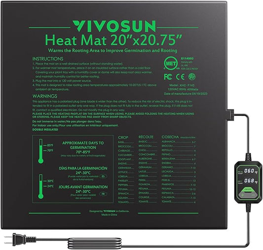 VIVOSUN 20"x20.75" Seedling Heat Mat with Built-in Temperature Controller, UL & MET-Certified Waterproof Plant Heating Pad for Germination, Hydroponics, Brewing, Breeding, and Greenhouses VIVOSUN