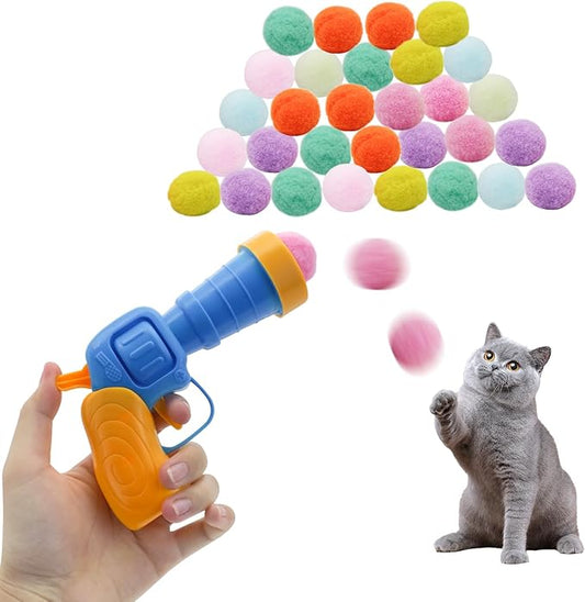 Andiker Cat Toy Balls Set, 30pcs Plush Cat Pom Pom Balls & a Plastic Cat Fetch Toy Launcher Set for Cat Catch and Fetch Interactive Cat Toy with Colorful Cat Balls for Indoor Cat (30 balls+1 launcher) - PAWPICO