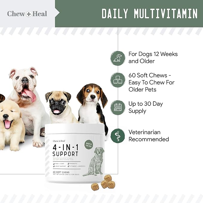 Chew + Heal All in 1 Dog Vitamin, 2PK - 240 Soft Chew Treats - Chewable Multivitamin with Probiotics, Digestive Enzymes, for Skin and Coat, Hip and Joint Support - Made in The USA ChewHeal