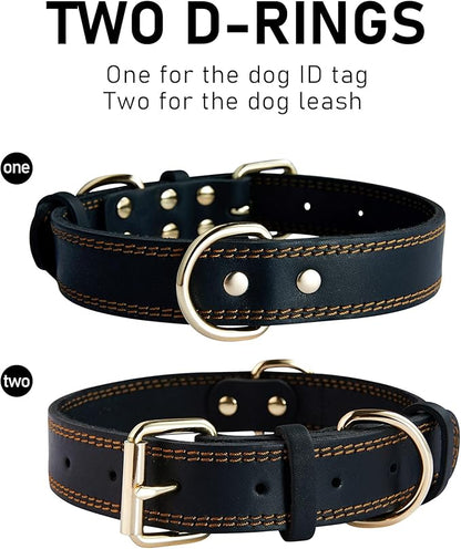 Genuine Leather Dog Collar, Heavy Duty Dog Collar, Wide Dog Collar for Small Dog, Medium Dog, Large Dog and Extra Large Dog (S: 0.8" Wide for 13.4"-15.8" Neck, Dual Stitch - Black) DAIHAQIKO