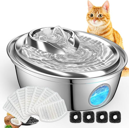 ORSDA Cat Water Fountain Stainless Steel 67oz/2L, Automatic Pet Drinking Fountain with Water Level Window, Dog Water Bowl for Cats and Small Dogs- 12Pcs Filters (D36) - PAWPICO