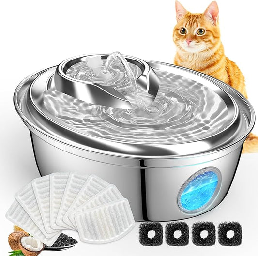 ORSDA Cat Water Fountain Stainless Steel 67oz/2L, Automatic Pet Drinking Fountain with Water Level Window, Dog Water Bowl for Cats and Small Dogs- 12Pcs Filters (D36) - PAWPICO