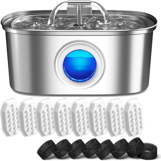 Cat Water Fountain Stainless Steel: 108oz/3.2L Automatic Pet Water Fountain - Dog Water Dispenser with Water Level Window - for Cats Inside with 8 Replacement Filters - PAWPICO