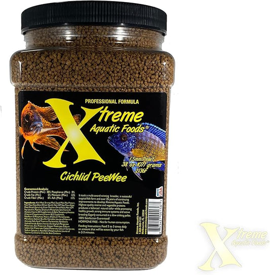Xtreme Cichlid Peewee 1.5 mm Pellets - Proven Nutrition for Cichlids - Balanced Amino Acids, Boost Immune & Digestive Health, Color & Energy, Max Protein Freshwater Fish Food – USA Farm Grown (38oz) XtremeAquaticFoods