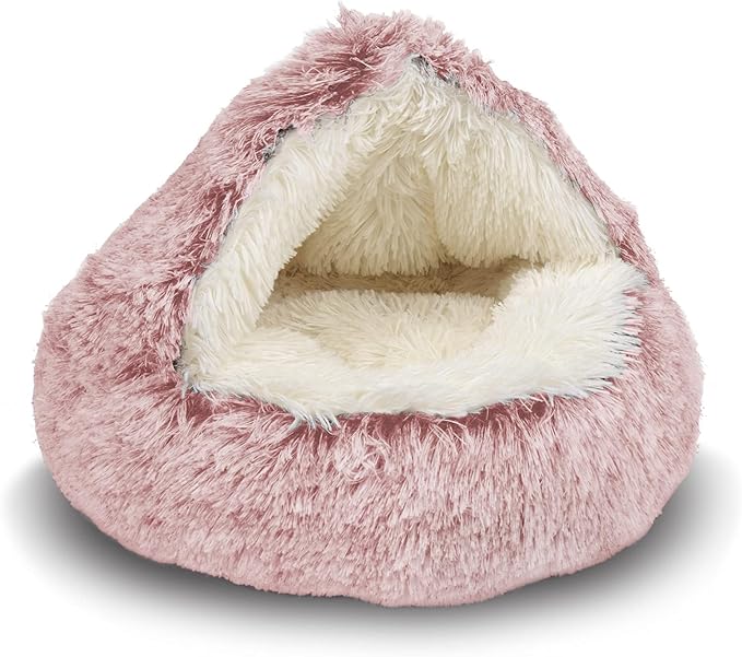 ShinHye Cat Bed Round Plush Fluffy Hooded Cat Bed Cave, Cozy for Indoor Cats or Small Dog beds, Soothing Pet Beds Doughnut Calm Anti-nxiety Dog Bed - Waterproof Bottom Washable, (23×23inch, Pink) - PAWPICO