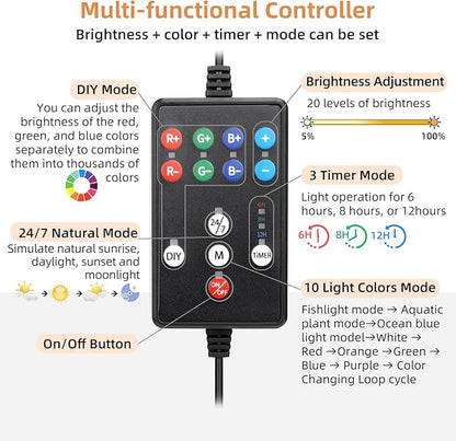 hygger LED Aquarium Light, 42W Full Spectrum Fish Tank Light with Multi-Color Timer DIY Mode 24/7 Natural Mode Adjustable Brightness, Aquarium Plant Light with Extendable Brackets for 46~52IN Tank hygger