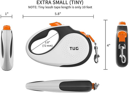 TUG Tiny 360° Tangle-Free Retractable Dog Leash with Anti-Slip Handle | 10 ft Nylon Tape | One-Handed Brake, Pause, Lock (White/Orange) TUG