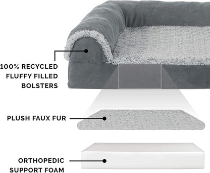 Furhaven Orthopedic Dog Bed for Large Dogs w/ Removable Bolsters & Washable Cover, For Dogs Up to 125 lbs - Two-Tone Plush Faux Fur & Suede L Shaped Chaise - Stone Gray, Jumbo Plus/XXL - PAWPICO