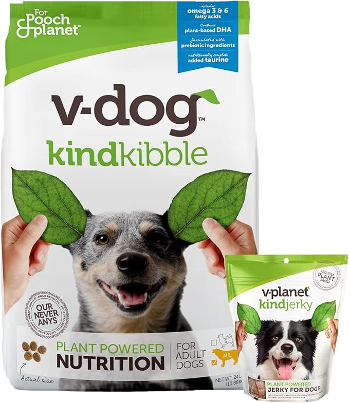 V-dog Plant Based Bundle for Large Dogs: Vegan 24LB Kind Kibble Dry Dog Food with Plant Based Protein and Plant-Based Savory Jerky - PAWPICO