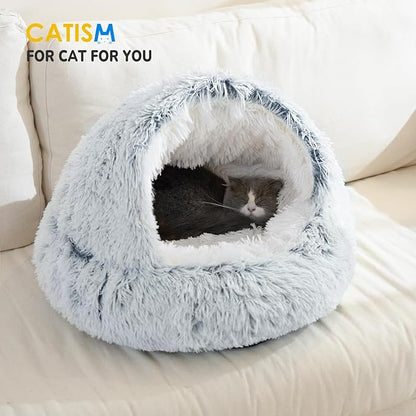 CATISM Cat Bed, Plush Hooded Cat Beds for Indoor Cats, Calming Cat Nest, Self Warming Cat Bed Cave, Cozy Cat Pod for Indoor Cat or Small Dog, Removable Washable Cat Cove with Non-Slip Bottom - PAWPICO