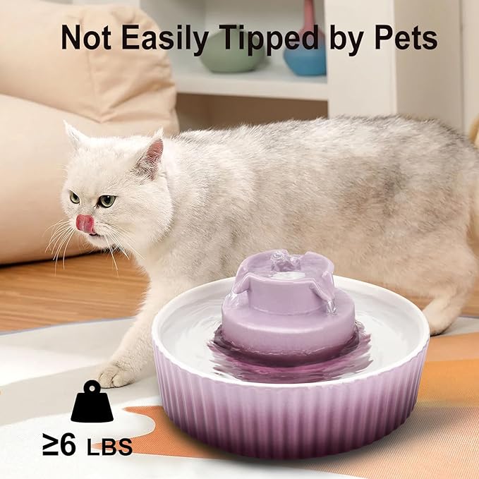Ceramic Cat Water Fountain, 2.1L/71oz Cat Fountain with 3 Carbon Filters and 2 Water Pumps, Cupcake Pet Water Fountain for Cats and Dogs (Purple) - PAWPICO