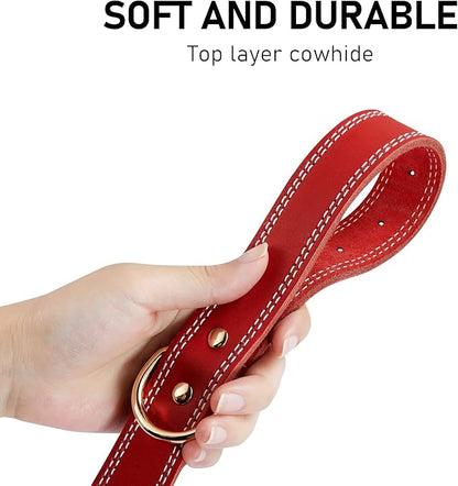 Dog Collar,Genuine Leather Dog Collar, Heavy Duty Dog Collar, Valentines Dog Collar for Small Dog, Medium Dog, Large Dog and Extra Large Dog (L: 1.2" Wide for 16.2"-22" Neck,Dual Stitch-Red) DAIHAQIKO