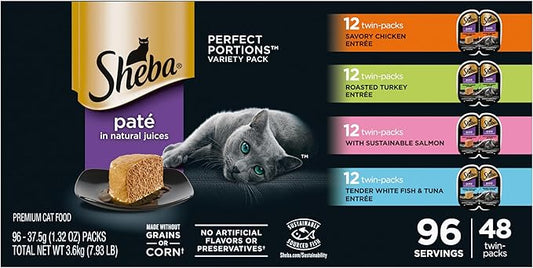 Sheba Perfect Portions Paté Wet Cat Food Variety Pack, Savory Chicken Entrée, Roasted Turkey Entrée, With Sustainable Salmon, and Tender White Fish & Tuna Entrée, 2.6 oz. Trays (48 Count, 96 Servings) - PAWPICO