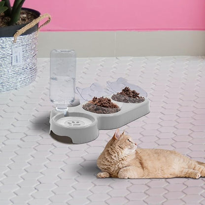 Triple Cat Bowls,15°Tilt 3-in-1 Water Feeder Bowls Cat Double Food Bowls with Automatic Water Bottle Bowl, Whisker Friendly Wet and Dry Cat Elevated Feeding Dishes for Small Cat and Puppy (Lead White) - PAWPICO