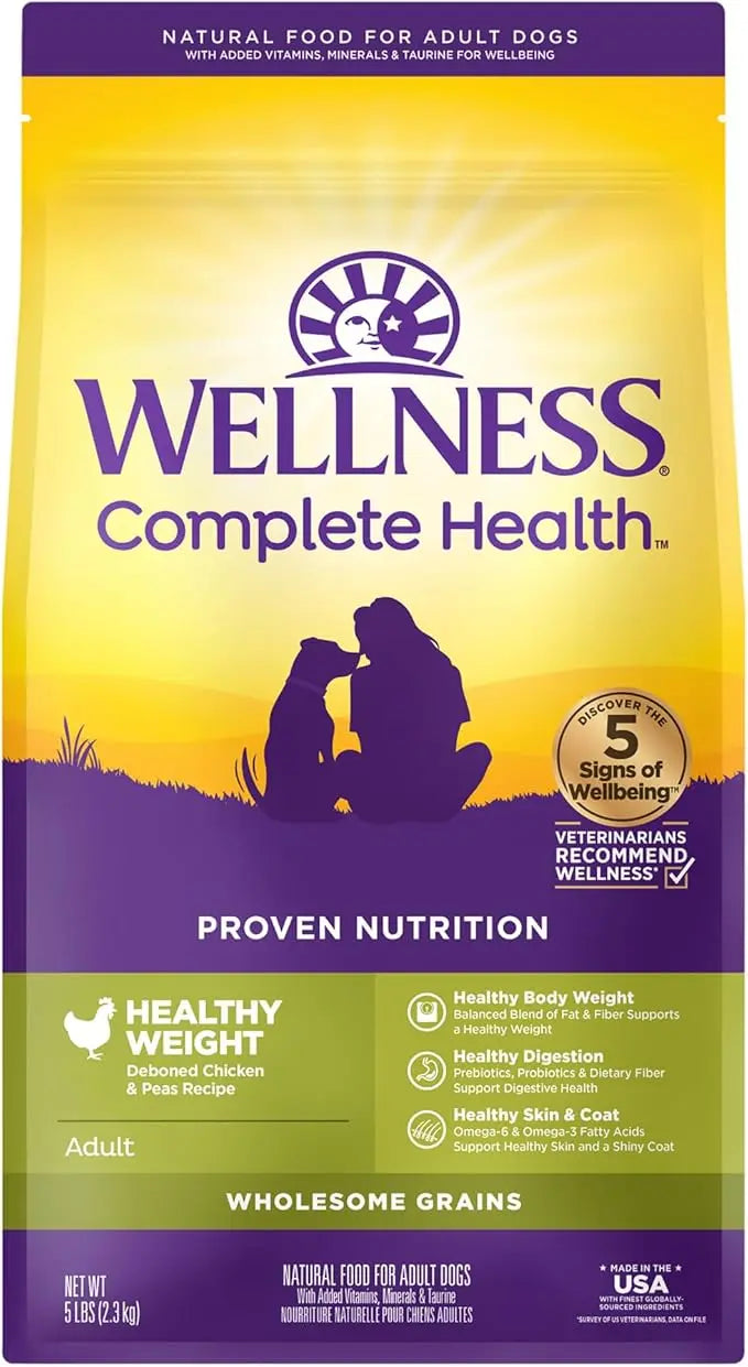 Wellness Complete Health Dry Dog Food with Grains, Natural Ingredients, Made in USA with Real Meat, All Breeds, For Adult Dogs (Healthy Weight - Chicken & Potatoes, 5-Pound Bag) - PAWPICO