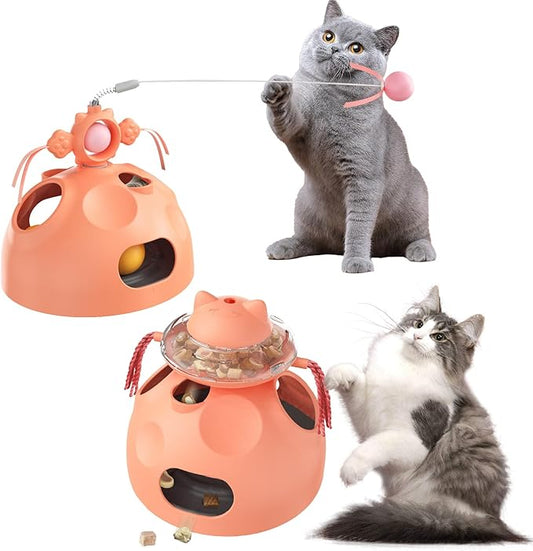 Interactive cat Toys for Indoor Cats, 4 in 1 cat self Moving Toy,Kitten Wand Toy, Spinning Toy, Slow Food Dispenser Feeder Treat Dispensing Feeding pet Supplies Gift (Yellow) - PAWPICO
