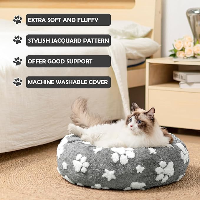 Donut Dog Beds for Medium Dogs, Calming Round Cat Beds for Indoor Cats, Cute 3D Textured Paw Pet Bed with Removable Washable Cover and Anti-Slip Bottom（Grey，30"） - PAWPICO