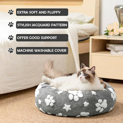 Donut Dog Beds for Medium Dogs, Calming Round Cat Beds for Indoor Cats, Cute 3D Textured Paw Pet Bed with Removable Washable Cover and Anti-Slip Bottom（Grey，30"） - PAWPICO