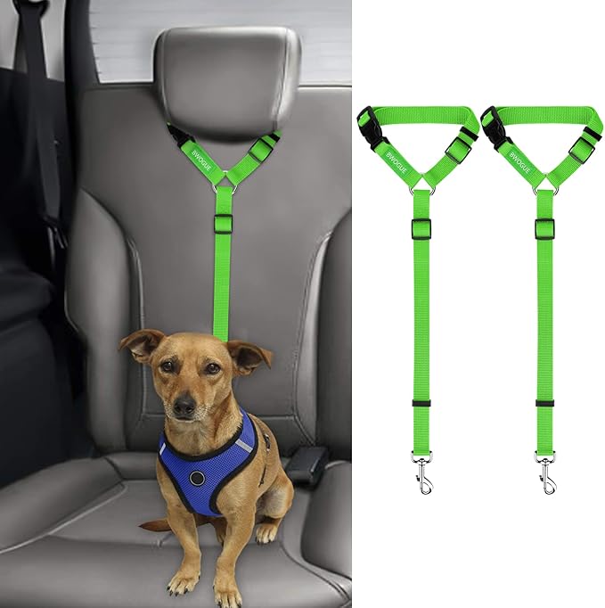 BWOGUE 2 Packs Dog Cat Safety Seat Belt Strap Car Headrest Restraint Adjustable Nylon Fabric Dog Restraints Vehicle Seatbelts Harness Green BWOGUEPetHome