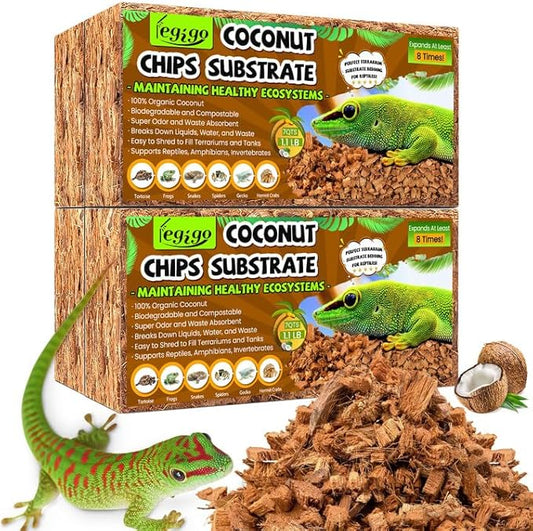 Legigo 4 Pack Coconut Chip Substrate for Reptiles, Natural Coco Husk Chip Reptiles Bedding, Compressed Coconut Chip Substrate for Snake, Tortoise, Ball Python, Gecko, Lizard Terrarium Tanks Legigo