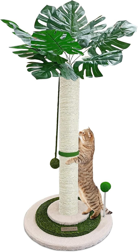 Cat Scratching Post 38" Tall Scratching Post for Indoor Cats Cat Scratcher Cat Tree Wrapped Sisal Rope Large Cat Scratching Post Cute Cat Scratching with Interactive Dangling Balls and Spring Ball - PAWPICO