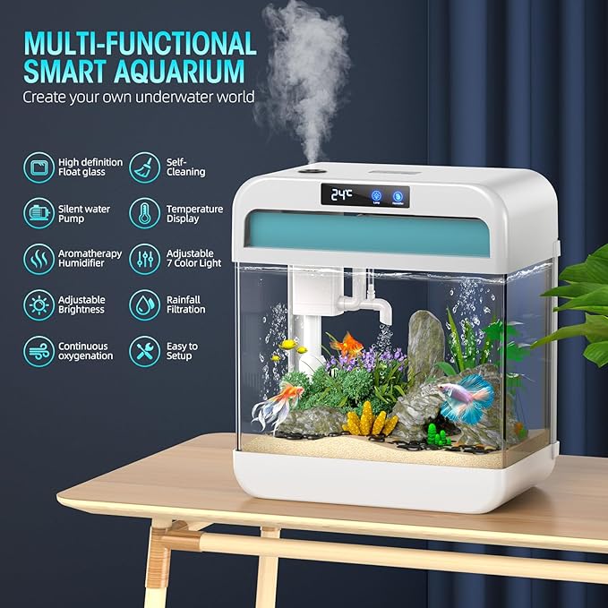 Fish Tank Aquarium 2.2 Gallon Fish Bowl with Humidifier 7 Color Auto-Looping Light 3 in 1 Quiet Pump with Filteration & Oxygenation & Circulation, Temperature Display, HD Float Glass, Thickened Base Focusonhomelifeandhealth