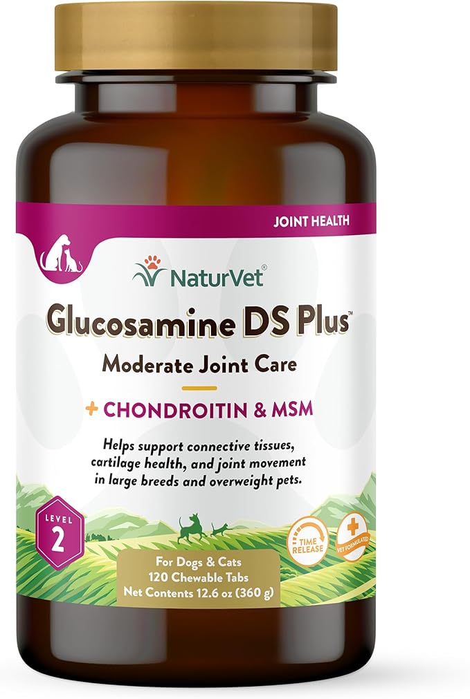 NaturVet Glucosamine DS Plus Level 2 Moderate Care Joint Support Supplement for Dogs and Cats, Chewable Tablets Time Release, Made in The USA, 120 Count NaturVet