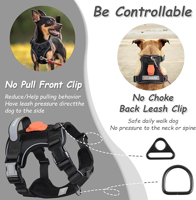 AUROTH XL Dog Harness, No Pull Dog Vest Harness with Handle, AIRTAG Holder, Reflective Strips, Adjustable, Large Dog Harness, Black AurothPets