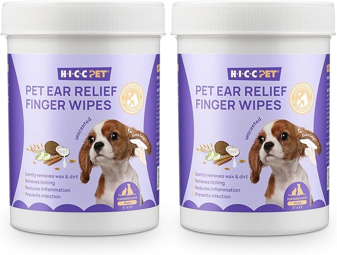 HICC PET Ear Finger Wipes for Dogs & Cats - Gently Remove Ear Wax, Debris - Sooths & Deodorizes - Relieve Ear Itching & Inflammation, All Natural Ingredients, Fragrance Free - 100 Count HICCPET