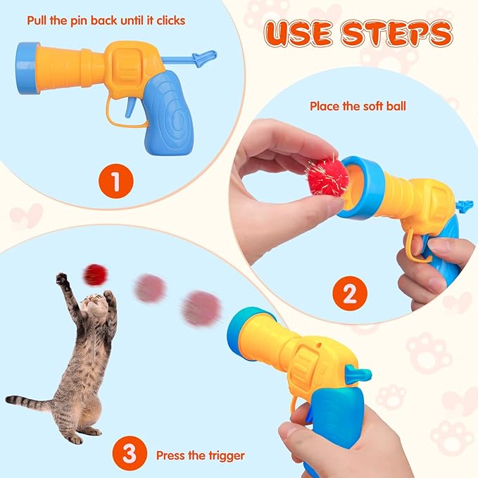 BooTaa Pet Toys, Interactive Cat Toy Set, 80pcs Glitter Pom-Poms Cat Ball Toy with 1 Launcher, Safe Soft Cat Toy Balls for Fetch, Training, Playing - PAWPICO