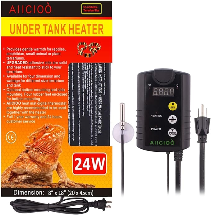 Aiicioo Under Tank Heater Thermostat - Reptile Heating Pad with Temperature Control Reptile Heat Mat for Combo Set for Hermit Crab Lizard Terrarium 24W AIICIOO