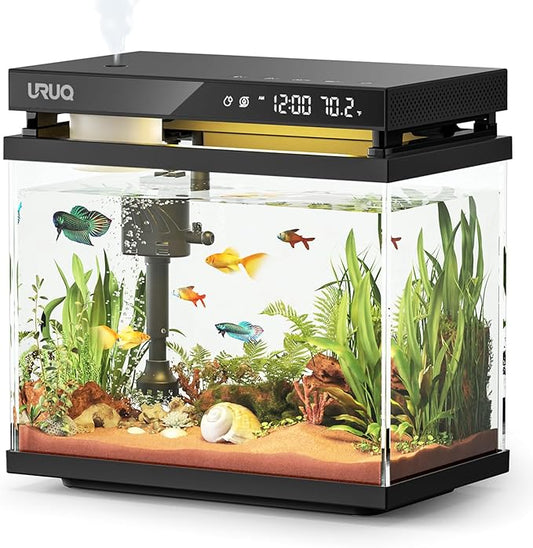 Fish Tank Smart Aquarium Kit: 2 Gal UHD Glass Silent Water Pump Self Cleaning System Temperature Monitoring Essential Oil Diffuser with Humidifier 7 Color Lights Multi-Layer Filtration System Black URUQ