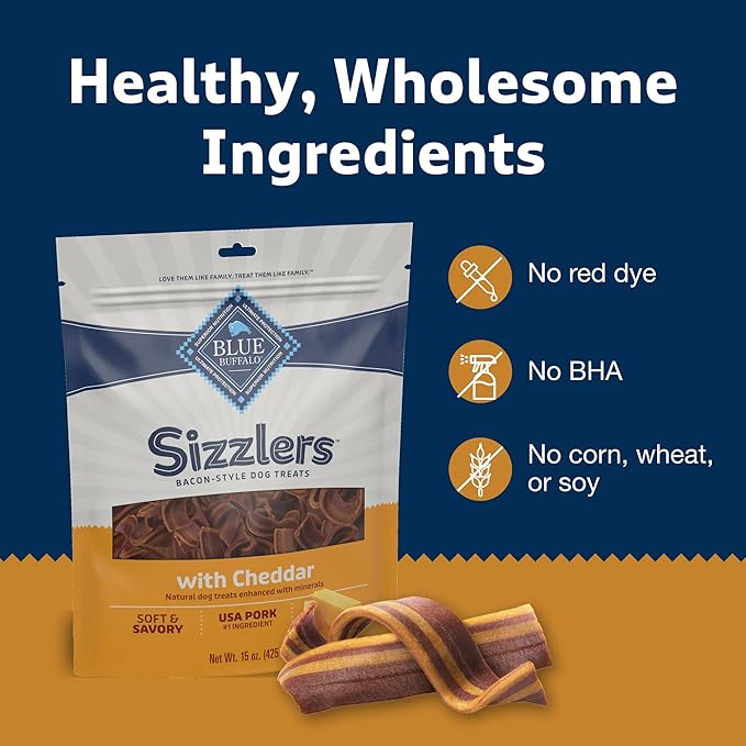 Blue Buffalo Sizzlers Bacon-Style Dog Treats with Real USA Pork, Cheddar Flavor, 15-oz Bag - PAWPICO