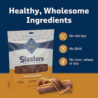 Blue Buffalo Sizzlers Bacon-Style Dog Treats with Real USA Pork, Cheddar Flavor, 15-oz Bag - PAWPICO