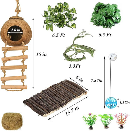 Crested Gecko Tank Accessories，Reptile Vines Plants with Coconut Shell Ladder Hideout Hermit Crab Decor for Bearded Dragon Lizard Chameleon Tortoise Snake BUYNOW